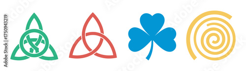 Four different styled icons include a green celtic trinity knot, a red interlaced knot, a blue shamrock leaf, and a yellow spiral pattern.