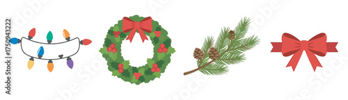 Festive holiday decorations featuring colorful string lights, a holly-adorned wreath, a pine branch with cones, and a bright red bow.