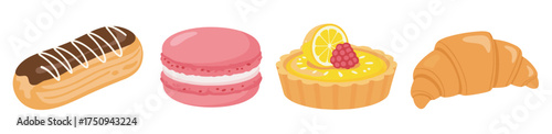 A collection of four assorted pastries, including a chocolate eclair, pink macaron, lemon tart with raspberries, and a classic croissant.
