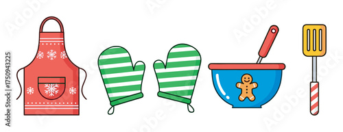 Colorful kitchen set with red snowflake apron, green-striped oven mitts, blue mixing bowl with gingerbread figure, and a spatula.