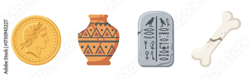 Illustrated set of four ancient artifacts, including a gold coin with a profile portrait, a decorated clay pot, a stone tablet with hieroglyphs, and a fossilized bone.