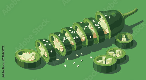 Slices of fresh green jalapeno peppers on a green background with white seeds scattered around.