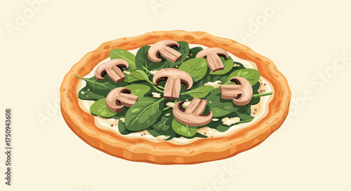 A delightful and healthy spinach mushroom pizza with a creamy white sauce base and a golden crust.