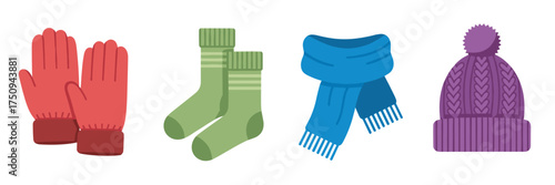 Four winter clothing items including red gloves, green socks, a blue scarf, and a purple knitted hat with a pom-pom, displayed in a simple, colorful design.