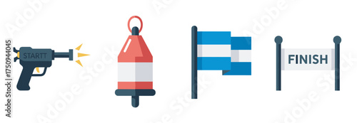 Set of flat design race icons including a starting pistol, a buoy, a flag, and a finish banner. designed for competition and nautical themes.