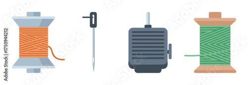 Four sewing tools including orange thread spool, sewing machine needle, foot pedal, and green thread spool are arranged in a simple layout.