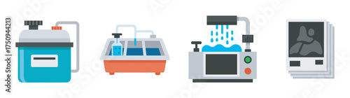 Four icons depicting a film development tank, a chemical bath tray, a film processor, and a stack of developed photos.