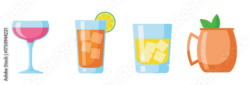 Four colorful cocktail glasses, each with a different drink and garnish, displayed side by side against a white background.