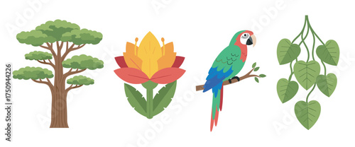 Flat illustrations of a tall leafy tree, a colorful blooming flower, a vibrant parrot perched on a branch, and a vine with green hanging leaves.