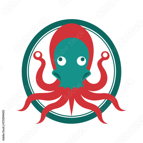 Stylized red octopus with teal face in a circle Keywords: octopus, cephalopod, marine life, sea