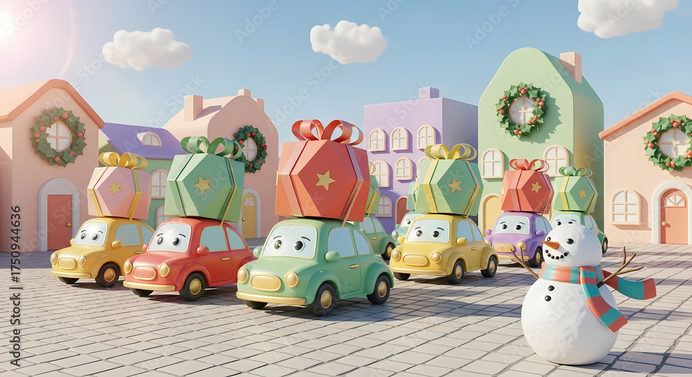 Naklejka premium Whimsical cartoon cars adorned with festive christmas gifts and a friendly snowman stand in a charming snow dusted village setting