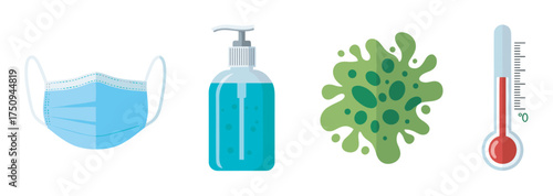 Blue surgical mask, hand sanitizer bottle, germ illustration, and thermometer indicating high temperature.