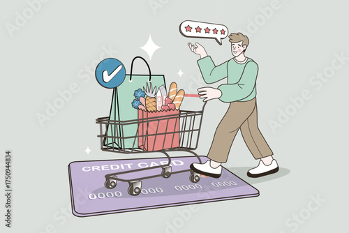 Shopping is fun and easy with a credit card. A happy man rides on a credit card like a skateboard, pushing a grocery cart and giving a five-star review for the great experience.