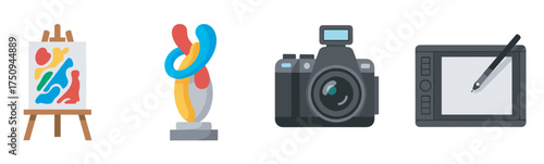 Diverse artistic tools featuring an easel with abstract painting, colorful abstract sculpture, digital camera, and graphic tablet with stylus.
