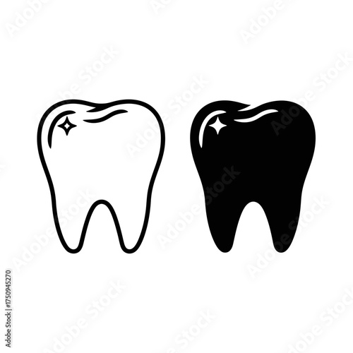 Clean Shiny Molar Tooth Icon Outline and Solid Set for Dental Care