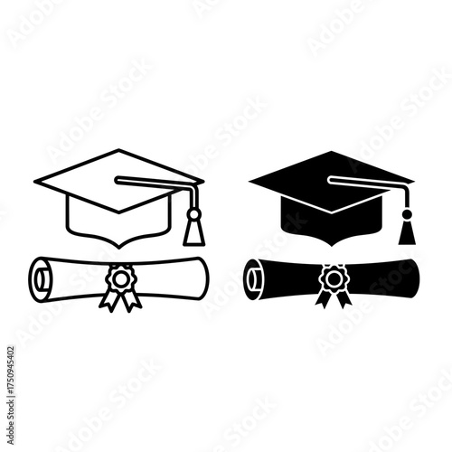 Graduation Cap and Diploma Icon Set – Black and Outline Vector Symbols for Education Designs