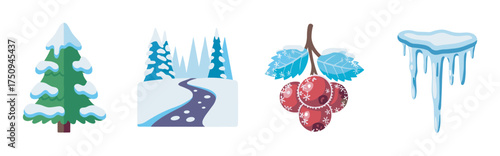 Four winter-themed illustrations featuring a snow-covered evergreen tree, a winding snowy road through a forest, frosty red berries with blue leaves, and hanging icicles.