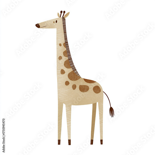 
Cute, simple illustration of a giraffe, in beige tones on a white background, with simple shapes, in the style of a children's book.
