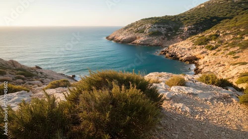 Serene Coastal Vista With Rocky Outcrops And Azure Ocean Under Warm Golden Hour Sunlight