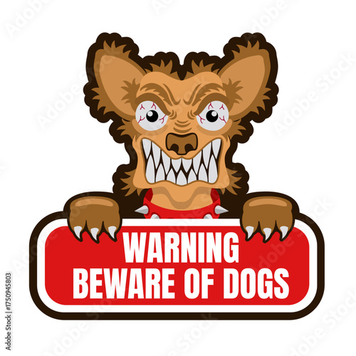Aggressive Bewarre Dog Warning Sign – Beware of Dog Cartoon Sticker Vector