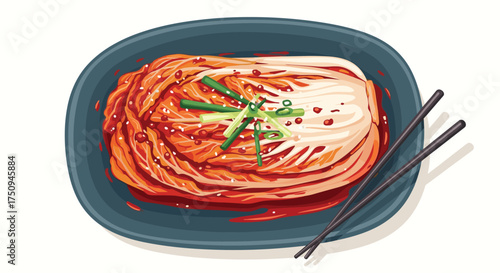 Delicious spicy fermented cabbage served with chopsticks on a dark blue plate.