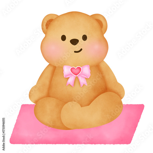 Cute Watercolor Teddy Bear Sitting on Pink Mat