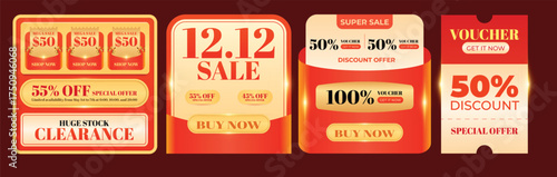 Discount promotion banners with coins 50 off and 12.12 sale percent off offers