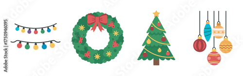 Festive christmas decorations featuring string lights, a wreath with red berries and a bow, a decorated tree, and hanging colorful ornaments.