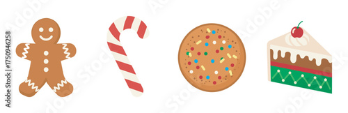 A set of classic holiday-themed icons featuring a gingerbread man, a striped candy cane, a festive cookie, and a slice of cake with a cherry on top.