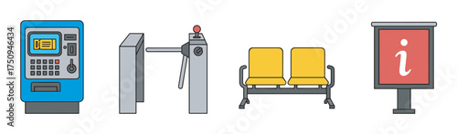 Colorful icons of a ticket machine, a turnstile with a push bar and red button, yellow seating for two, and an information sign, representing various public facilities.