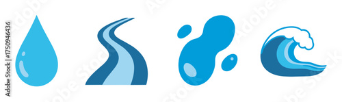 Four stylized icons depicting water in different forms: a drop, a river path, abstract splashes, and an ocean wave.
