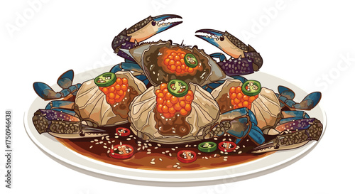 Fresh raw crab marinated in savory soy sauce and spices.