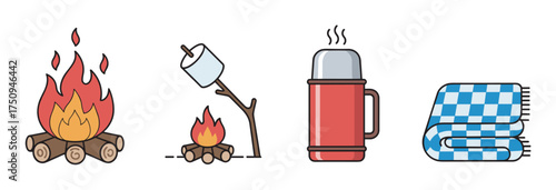 Colorful icons of a campfire, marshmallow on a stick, red thermos, and a blue checkered blanket, representing camping essentials.