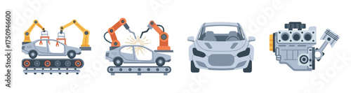 Assembly line robots welding car bodies, a completed vehicle, and a car engine, illustrating stages of automotive manufacturing and production.