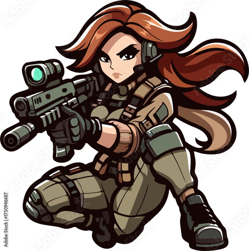 Cartoon Female Sniper Mascot Vector – Redhead Soldier with Tactical Gear Aiming Rifle in Dynamic Pose