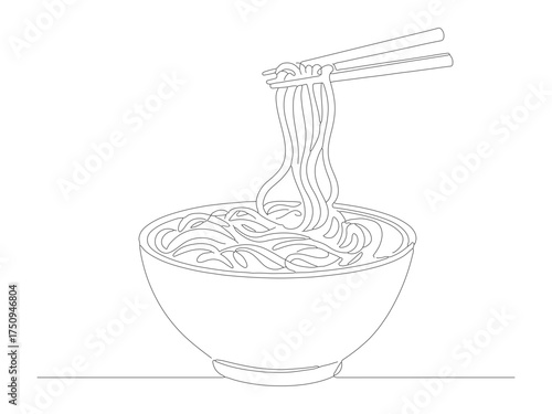 Simple Line Art Delicious Noodle Soup Bowl Asian Food Illustration