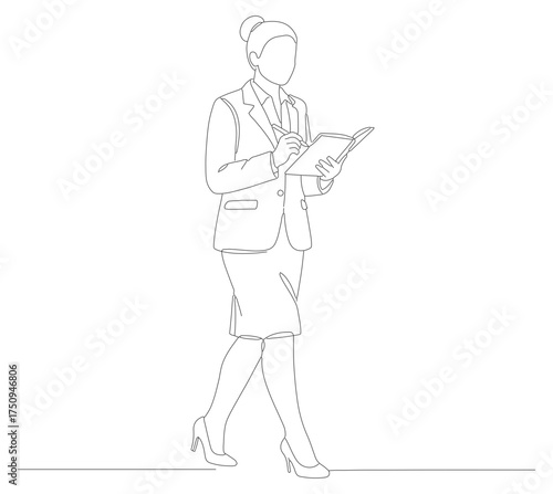 Simple Outline Standing Businesswoman Illustration with Documents in Hand Artwork