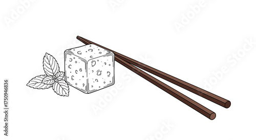 Delicious cube of tofu with fresh green basil leaves and chopsticks for eating.