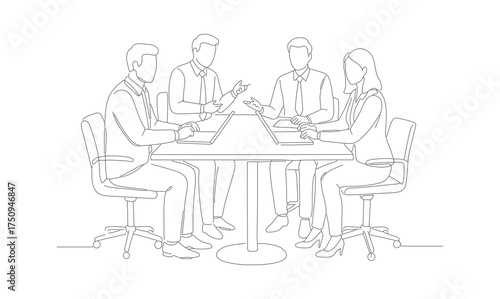 Dotted Line Drawing Four Person Business Meeting at Table Illustration
