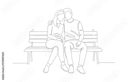 Minimalist Outline Couple Sitting on Bench Romantic Scene Illustration