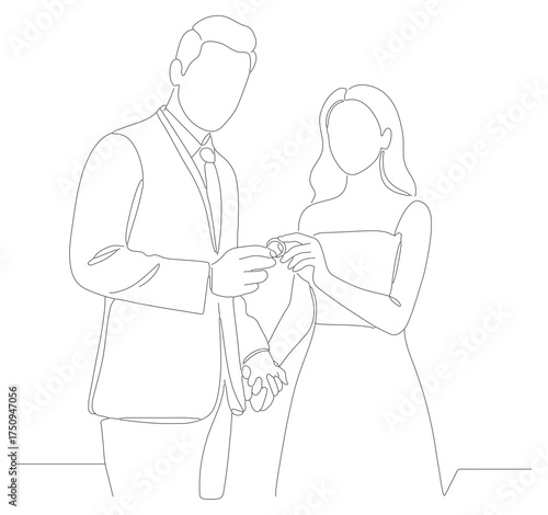 Simple Outline Wedding Couple Illustration with Ring Ceremony Line Art