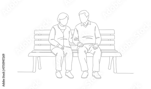 Minimalist Outline Drawing of Elderly Couple Sitting Together on Bench
