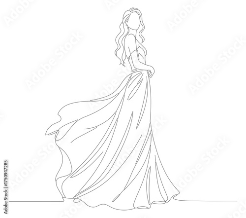 Minimalist Line Art of Elegant Woman in Flowing Dress Illustration