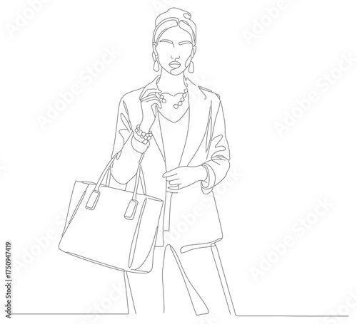 Minimalist Line Art Businesswoman with Tote Bag Character Illustration