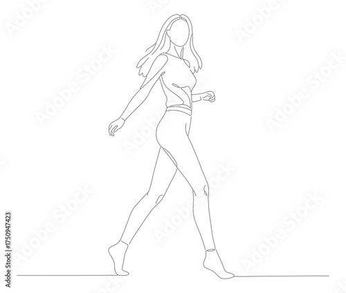 Minimalist Line Drawing Woman Walking Forward Fashion Model Illustration