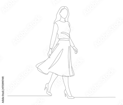 Minimalist Outline Walking Woman Figure in Dress Graphic Illustration
