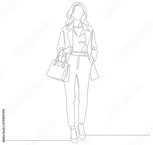 Minimalist Outline Silhouette Woman Standing with Bag Illustration Design Element