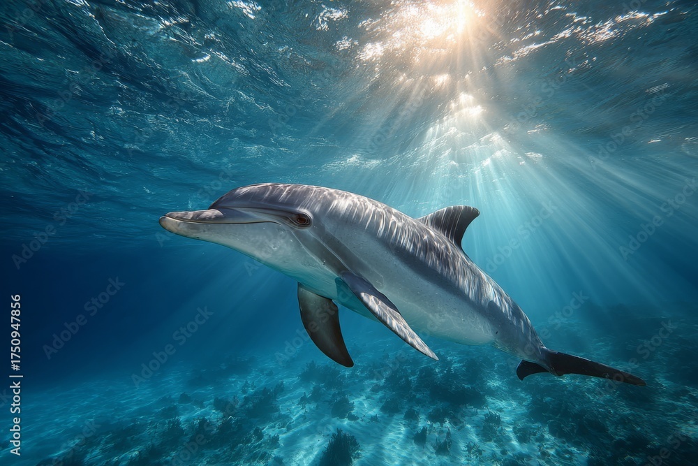 Fototapeta premium Dolphin swimming in clear blue water with sun rays, tropical ocean.