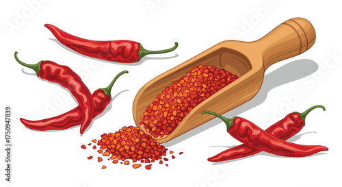 A wooden scoop filled with red pepper flakes surrounded by fresh chili peppers.