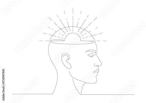 Minimalist Line Art Brain With Sun Rays Above Mind Illustration